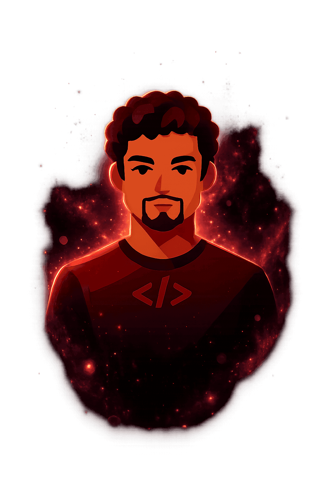 Stylized illustration of the JanderLabs developer in a glowing particle field